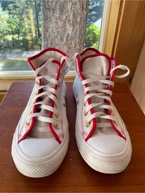 White Canvas High-Top Converse Sneakers with Red Trim, size 8